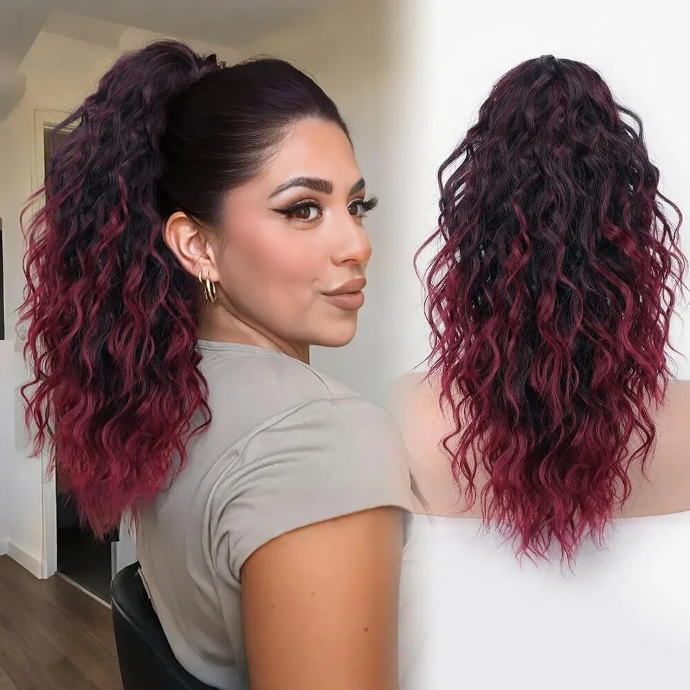 Synthetic Wavy Claw Clip Ponytail Extension Ombre Burgundy Voluminous